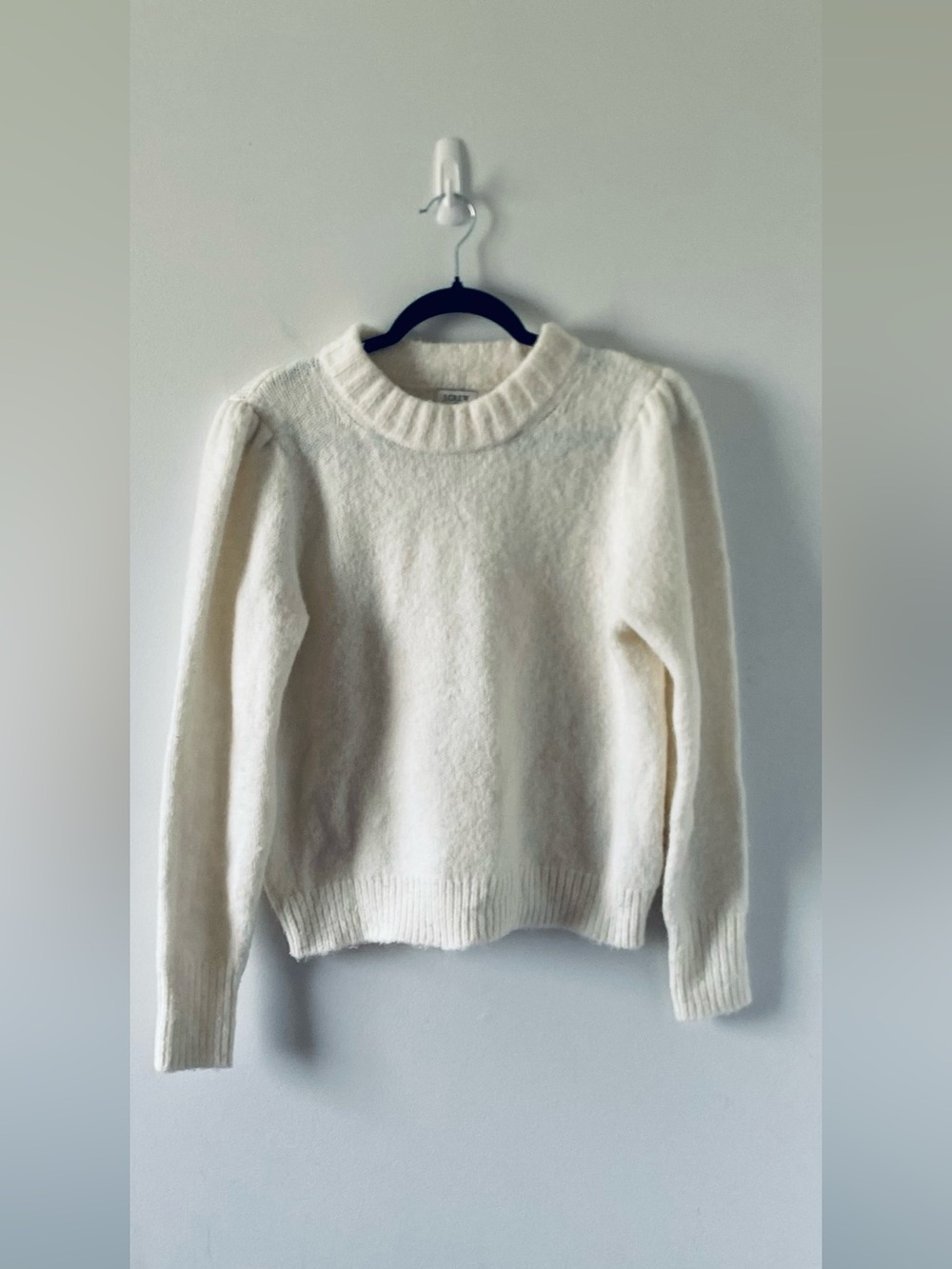 J. Crew Ivory Crewneck Sweater with Subtle Puff Shoulders Size L Minimalist Fall